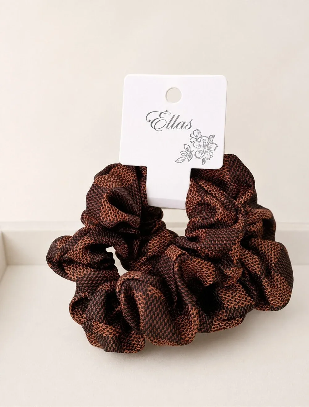 Women's Fashion Houndstooth Scrunchie Set of 2 Hair Accessories Brown Checkered